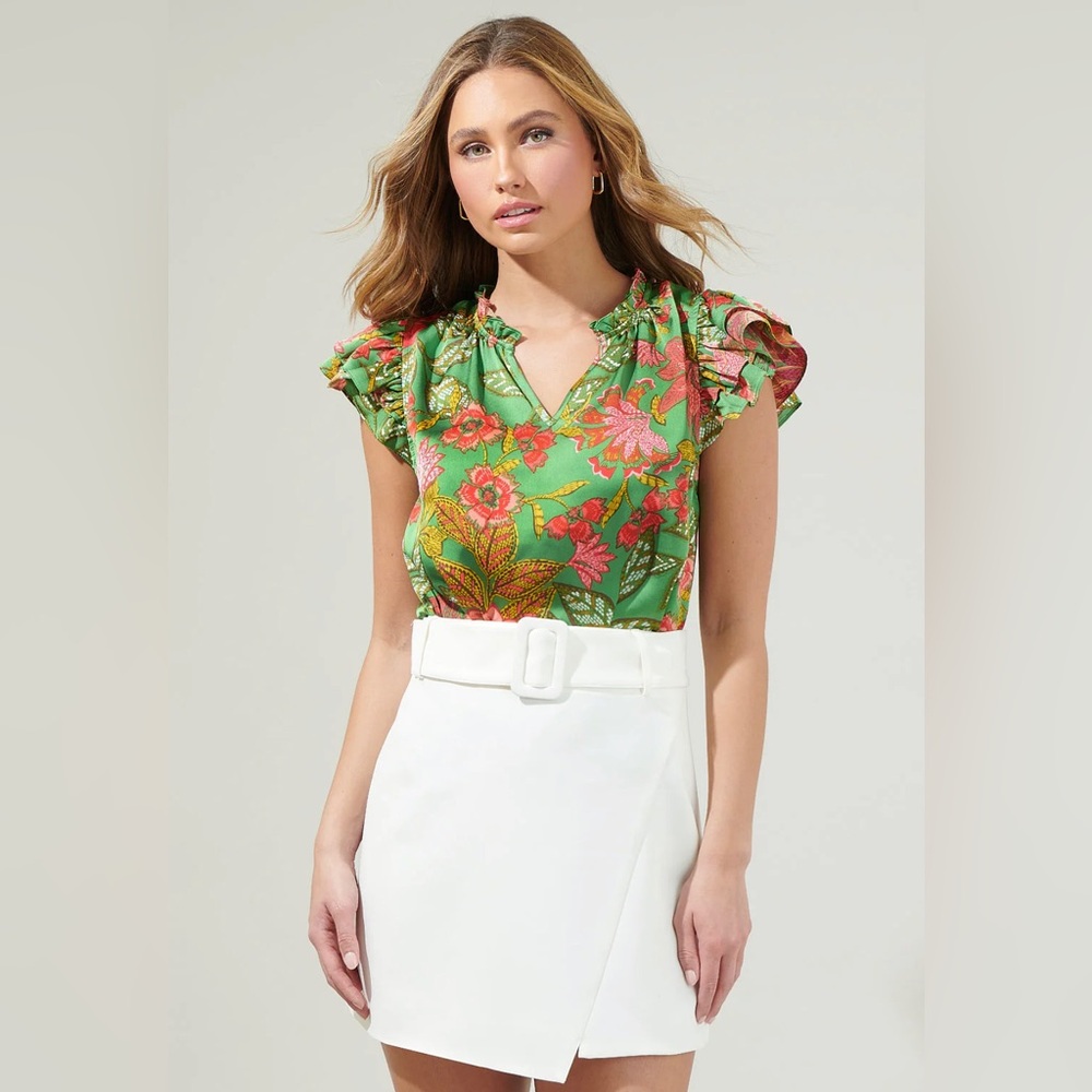 New Sugarlips tropical Satin Floral Green Ruffle Sleeve Top size 2X 🌻🌺🌸 N